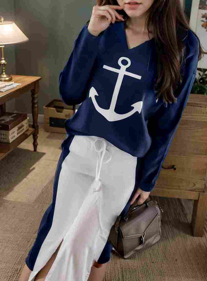 anchor print v neck long sleeve t shirt trousers two piece suit 139831