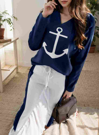 anchor print v neck long sleeve t shirt trousers two piece suit 130519