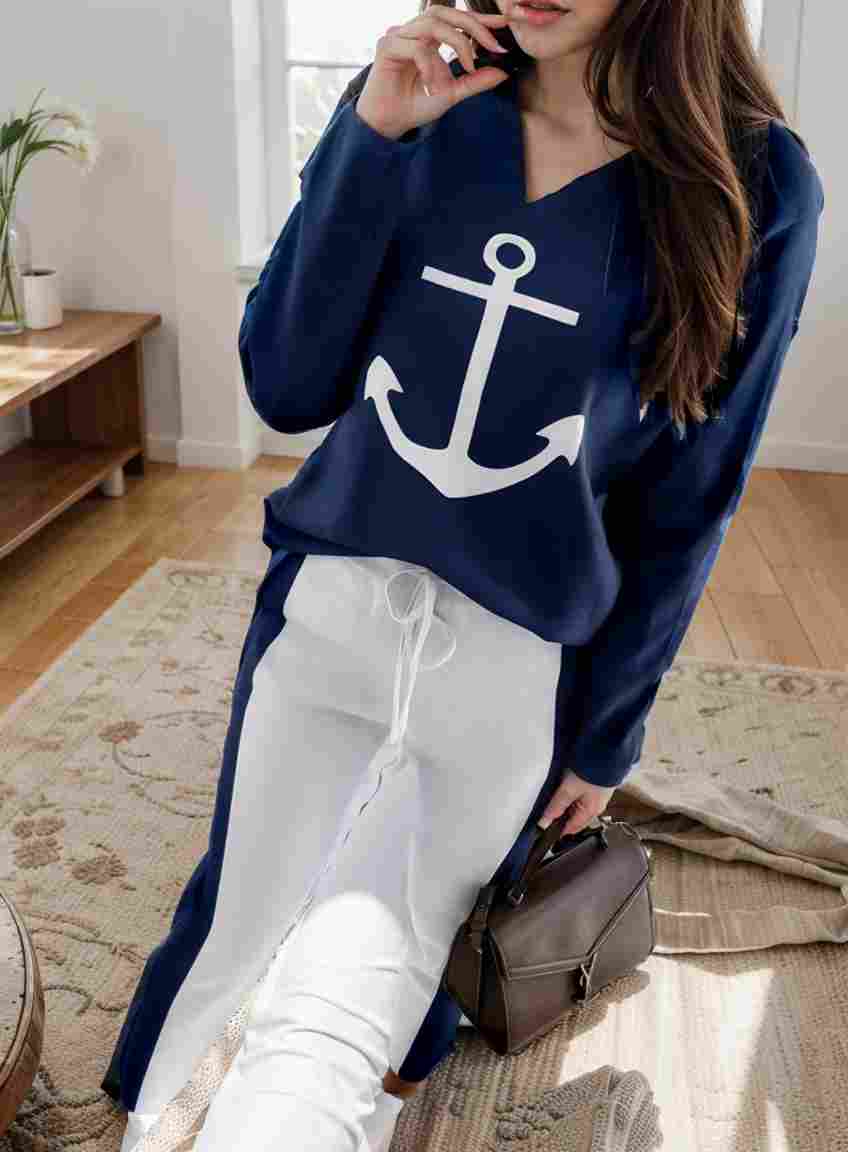 anchor print v neck long sleeve t shirt trousers two piece suit 132791