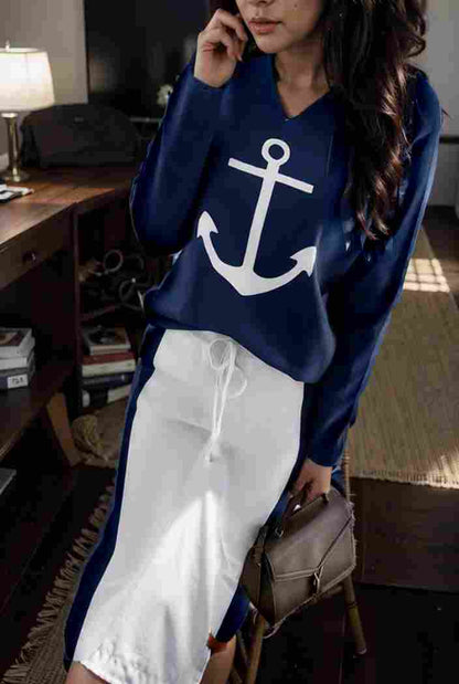 anchor print v neck long sleeve t shirt trousers two piece suit 125529