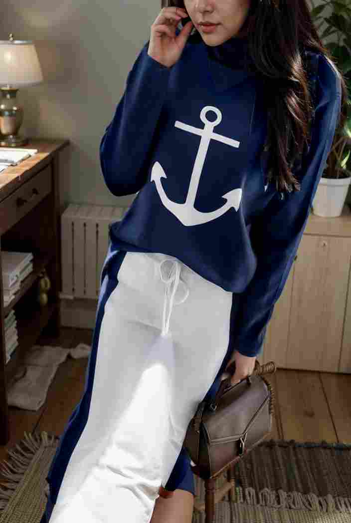 anchor print v neck long sleeve t shirt trousers two piece suit 145113