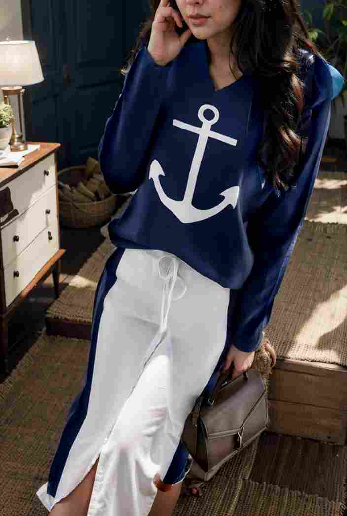 anchor print v neck long sleeve t shirt trousers two piece suit 136439