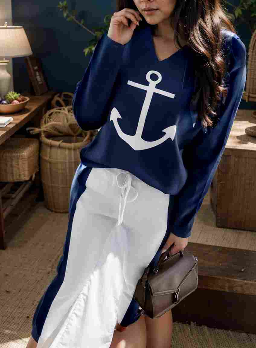 anchor print v neck long sleeve t shirt trousers two piece suit 109605