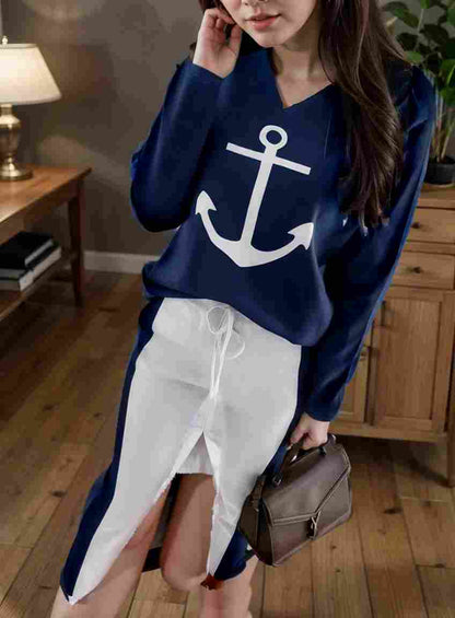 anchor print v neck long sleeve t shirt trousers two piece suit 138216