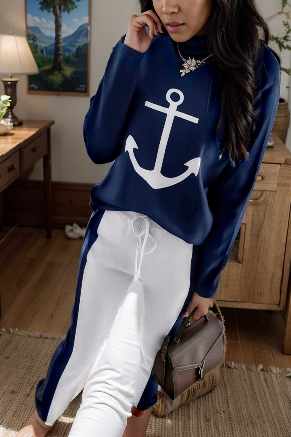 anchor print v neck long sleeve t shirt trousers two piece suit 145289