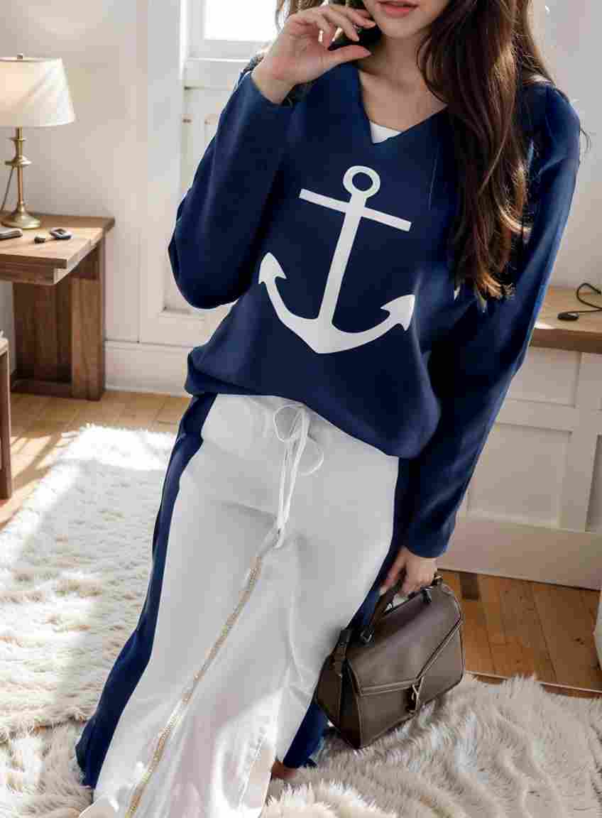 anchor print v neck long sleeve t shirt trousers two piece suit 123924