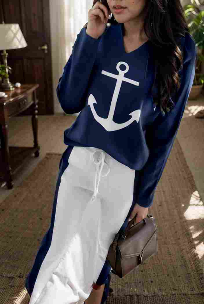 anchor print v neck long sleeve t shirt trousers two piece suit 147134