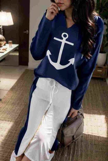 anchor print v neck long sleeve t shirt trousers two piece suit 147535