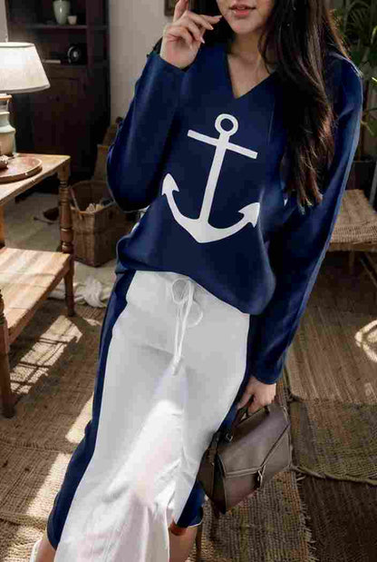 anchor print v neck long sleeve t shirt trousers two piece suit 140813