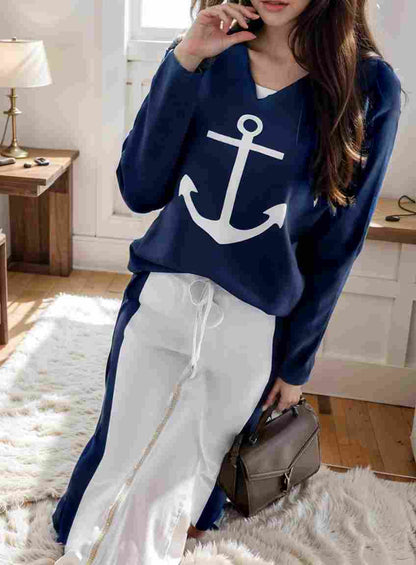 anchor print v neck long sleeve t shirt trousers two piece suit 100004