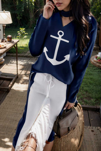 anchor print v neck long sleeve t shirt trousers two piece suit 122975