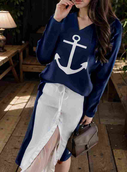 anchor print v neck long sleeve t shirt trousers two piece suit 138681