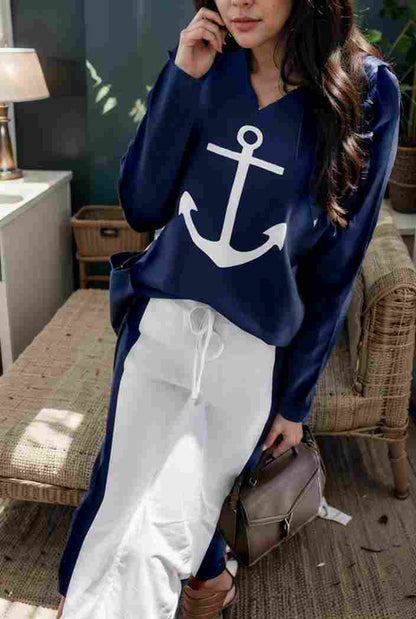 anchor print v neck long sleeve t shirt trousers two piece suit 128824