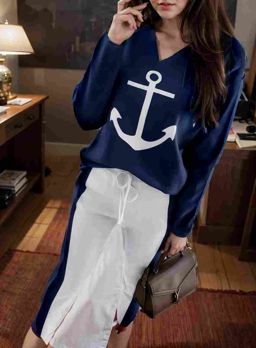 anchor print v neck long sleeve t shirt trousers two piece suit 101048