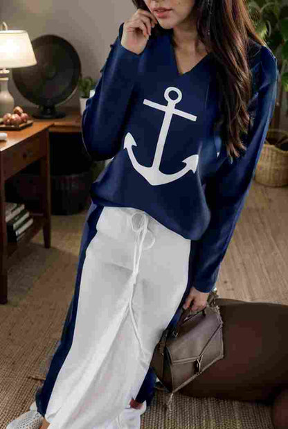 anchor print v neck long sleeve t shirt trousers two piece suit 144714