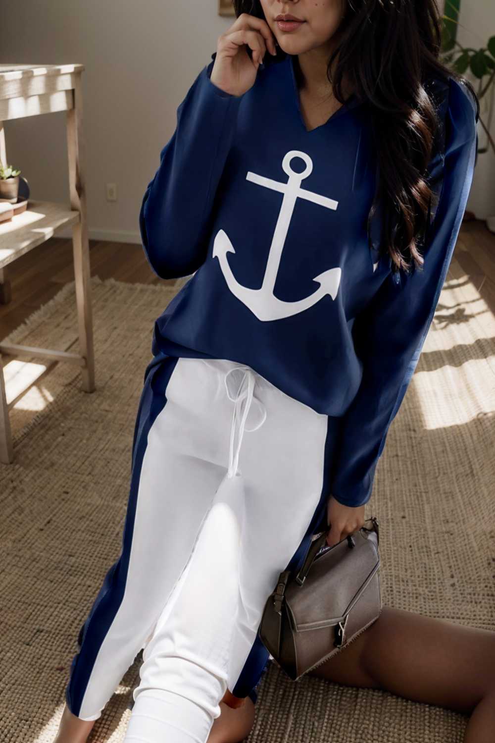 anchor print v neck long sleeve t shirt trousers two piece suit 124607