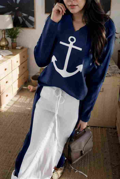 anchor print v neck long sleeve t shirt trousers two piece suit 100829