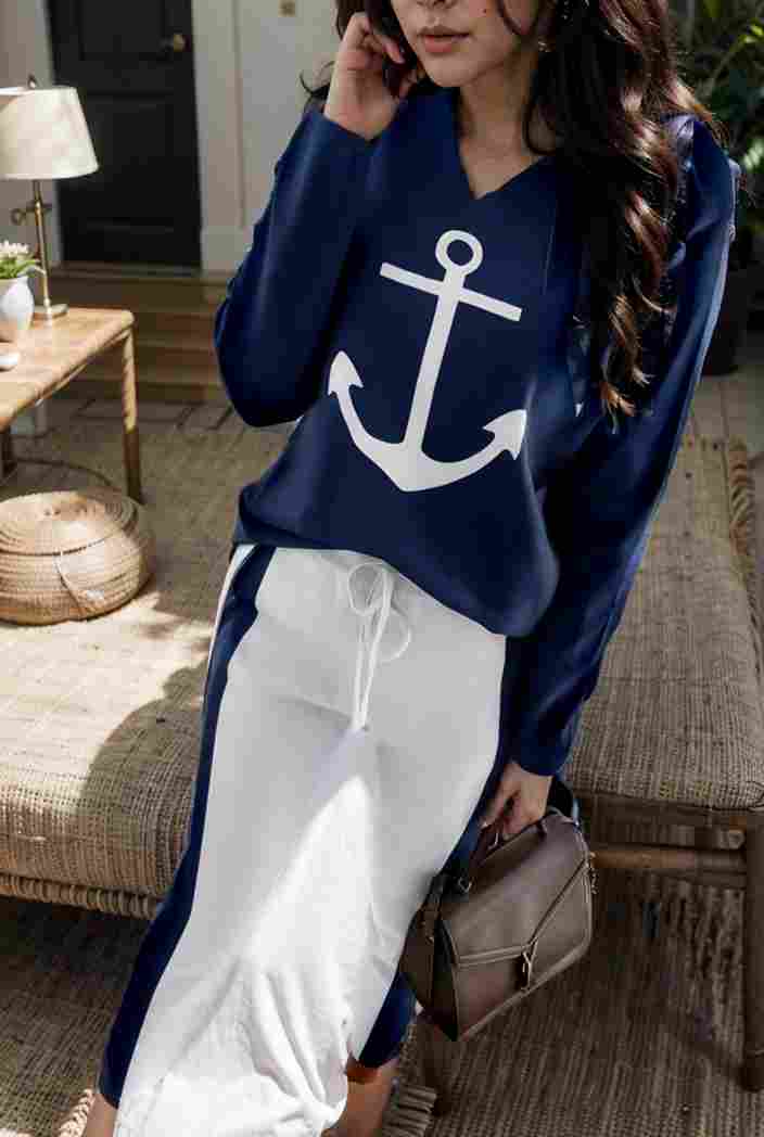 anchor print v neck long sleeve t shirt trousers two piece suit 143331