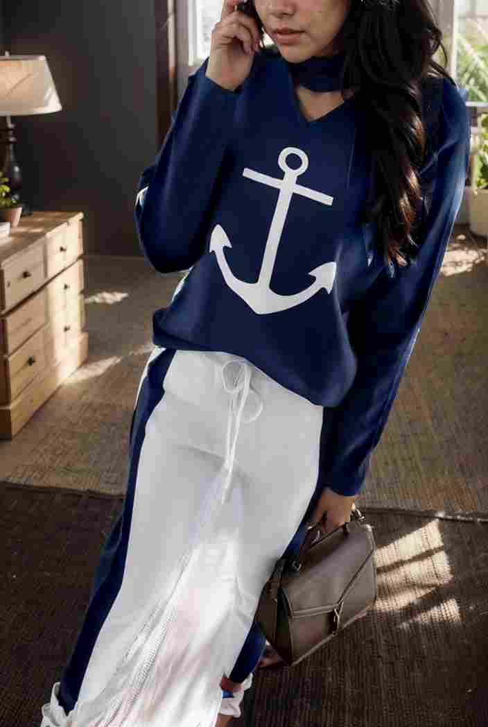 anchor print v neck long sleeve t shirt trousers two piece suit 112644