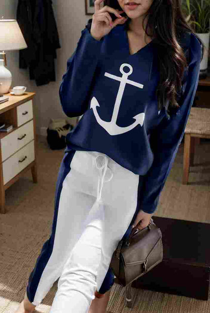 anchor print v neck long sleeve t shirt trousers two piece suit 134000