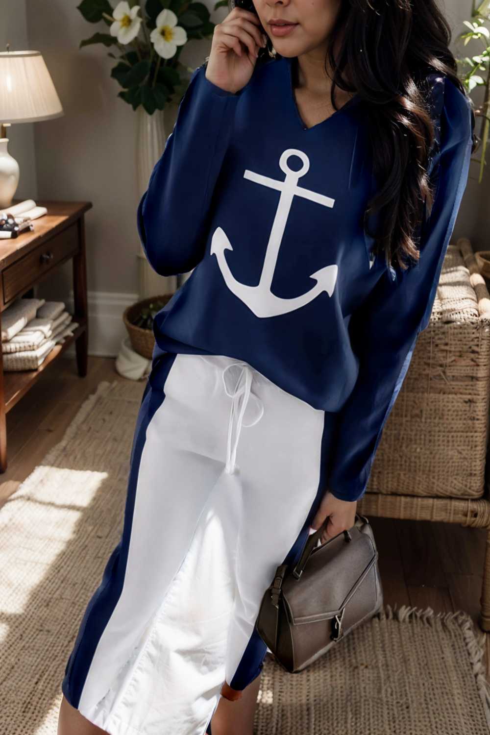 anchor print v neck long sleeve t shirt trousers two piece suit 110727