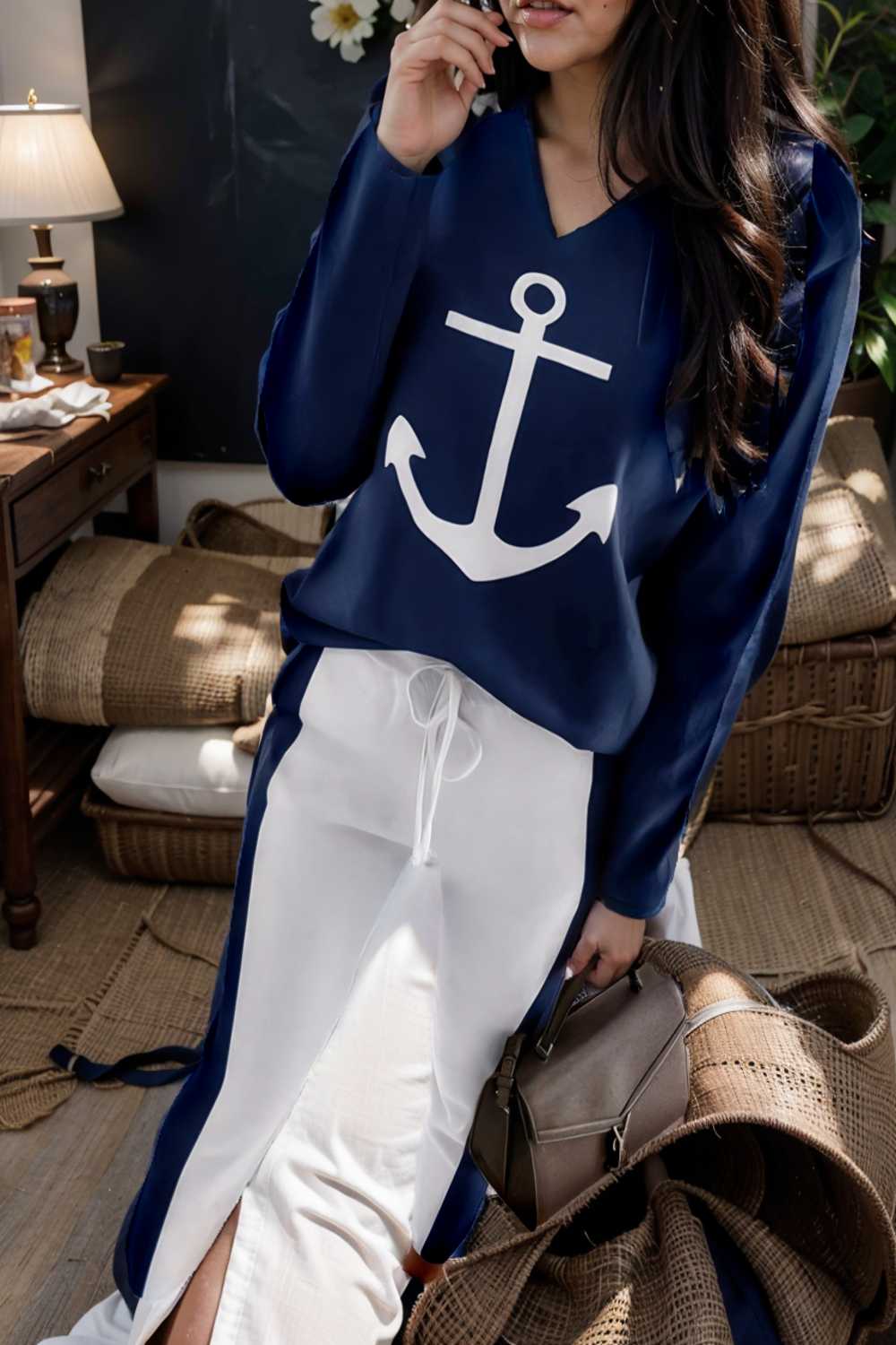 anchor print v neck long sleeve t shirt trousers two piece suit 102005