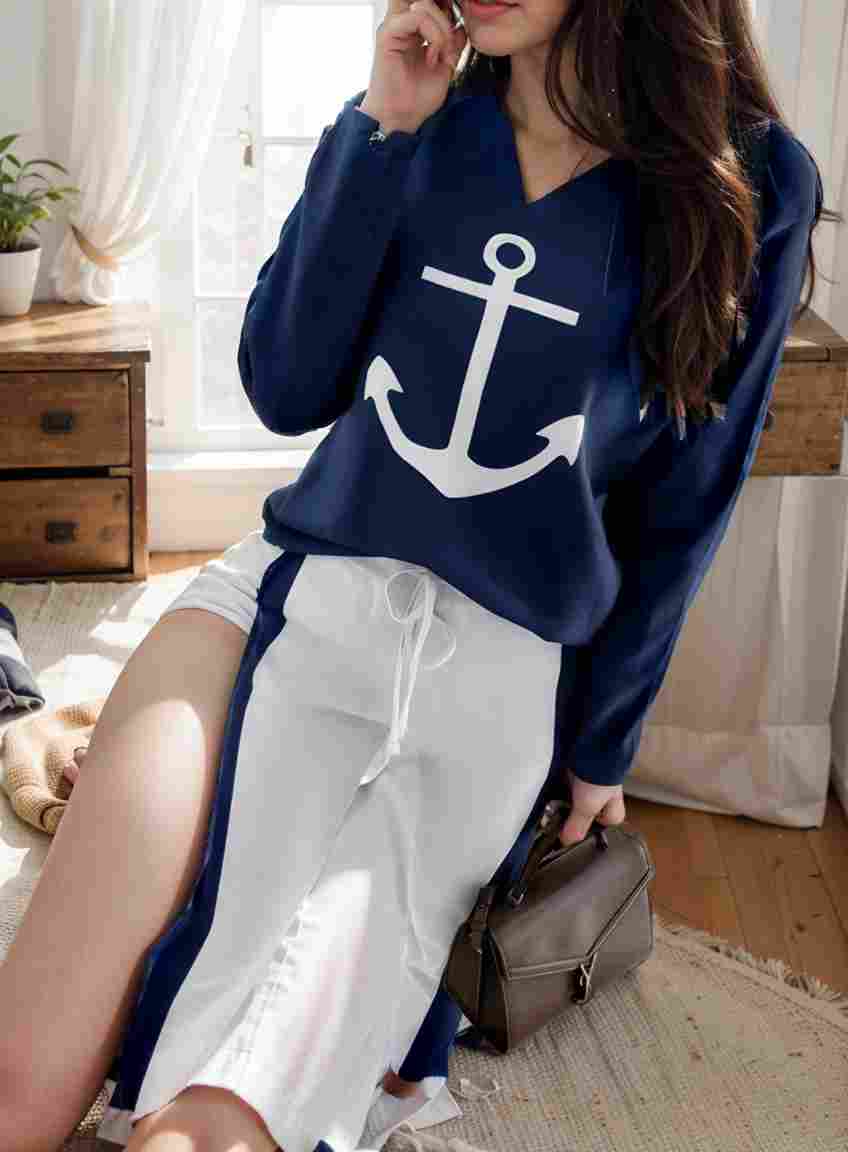 anchor print v neck long sleeve t shirt trousers two piece suit 140971