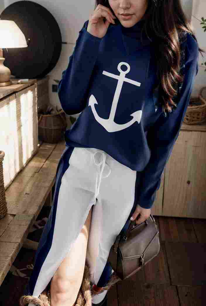 anchor print v neck long sleeve t shirt trousers two piece suit 139053