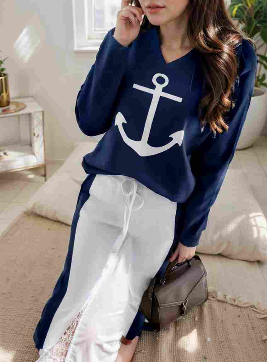 anchor print v neck long sleeve t shirt trousers two piece suit 148791