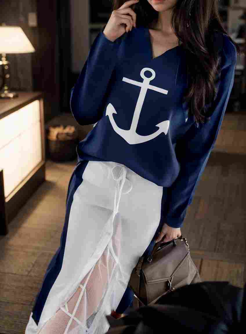 anchor print v neck long sleeve t shirt trousers two piece suit 111743