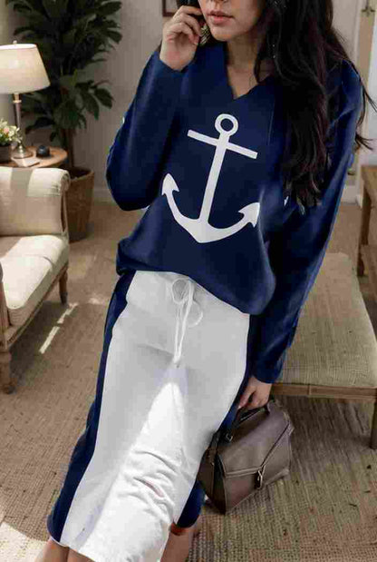 anchor print v neck long sleeve t shirt trousers two piece suit 123998