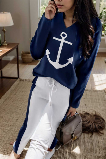 anchor print v neck long sleeve t shirt trousers two piece suit 103505