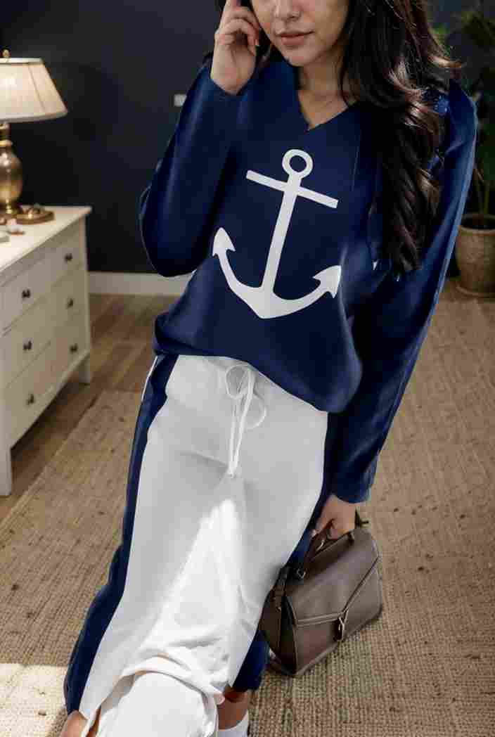 anchor print v neck long sleeve t shirt trousers two piece suit 106270