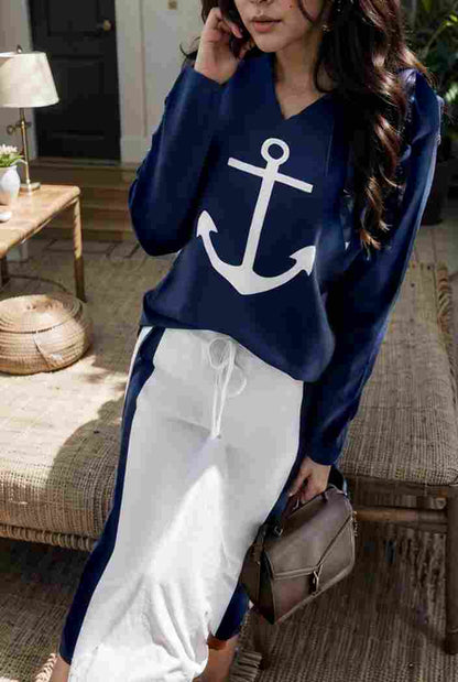 anchor print v neck long sleeve t shirt trousers two piece suit 125152