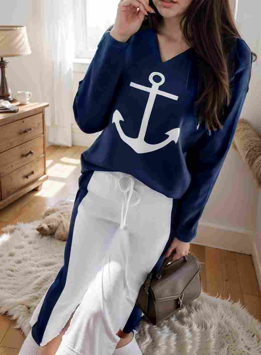 anchor print v neck long sleeve t shirt trousers two piece suit 121216