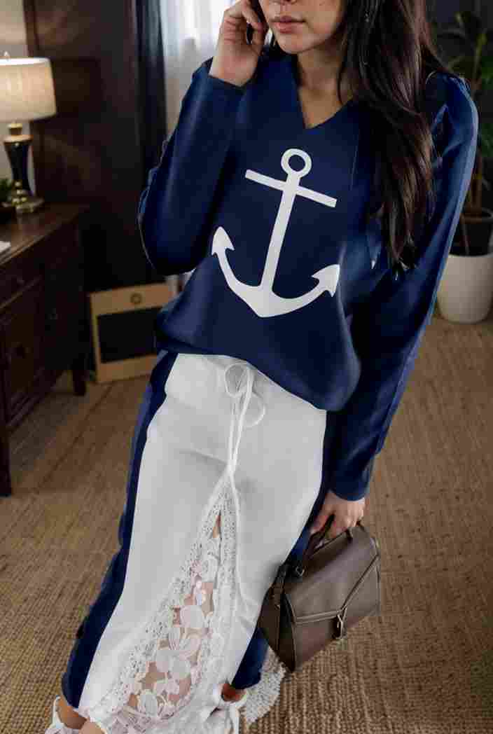 anchor print v neck long sleeve t shirt trousers two piece suit 119264