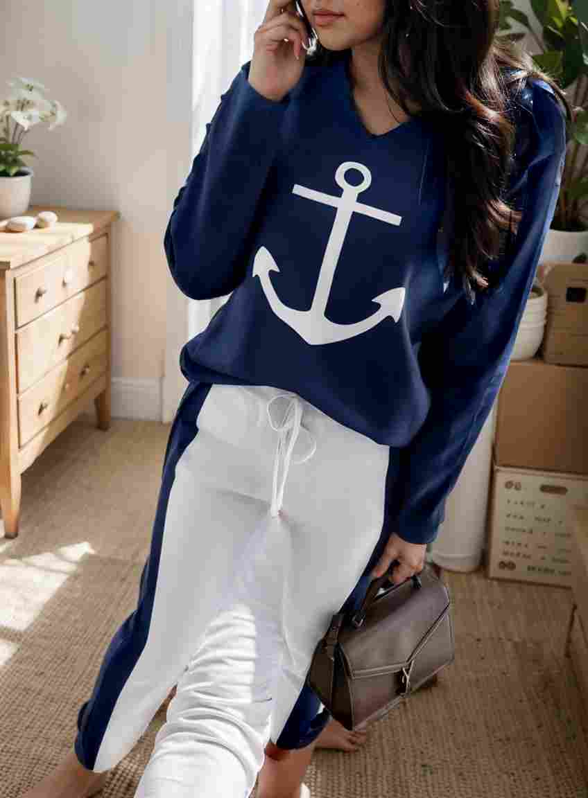 anchor print v neck long sleeve t shirt trousers two piece suit 145486