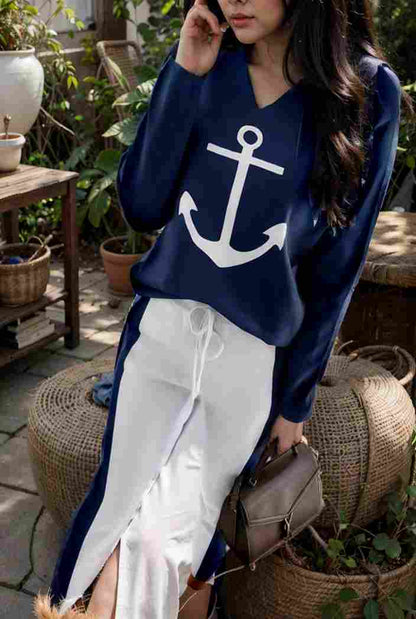 anchor print v neck long sleeve t shirt trousers two piece suit 136129