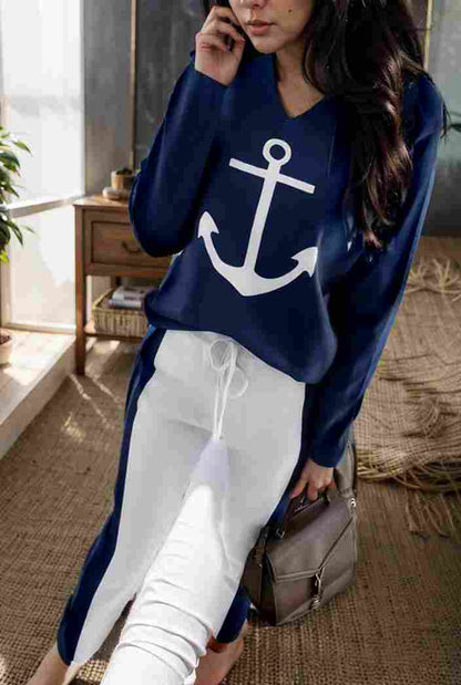 anchor print v neck long sleeve t shirt trousers two piece suit 145847