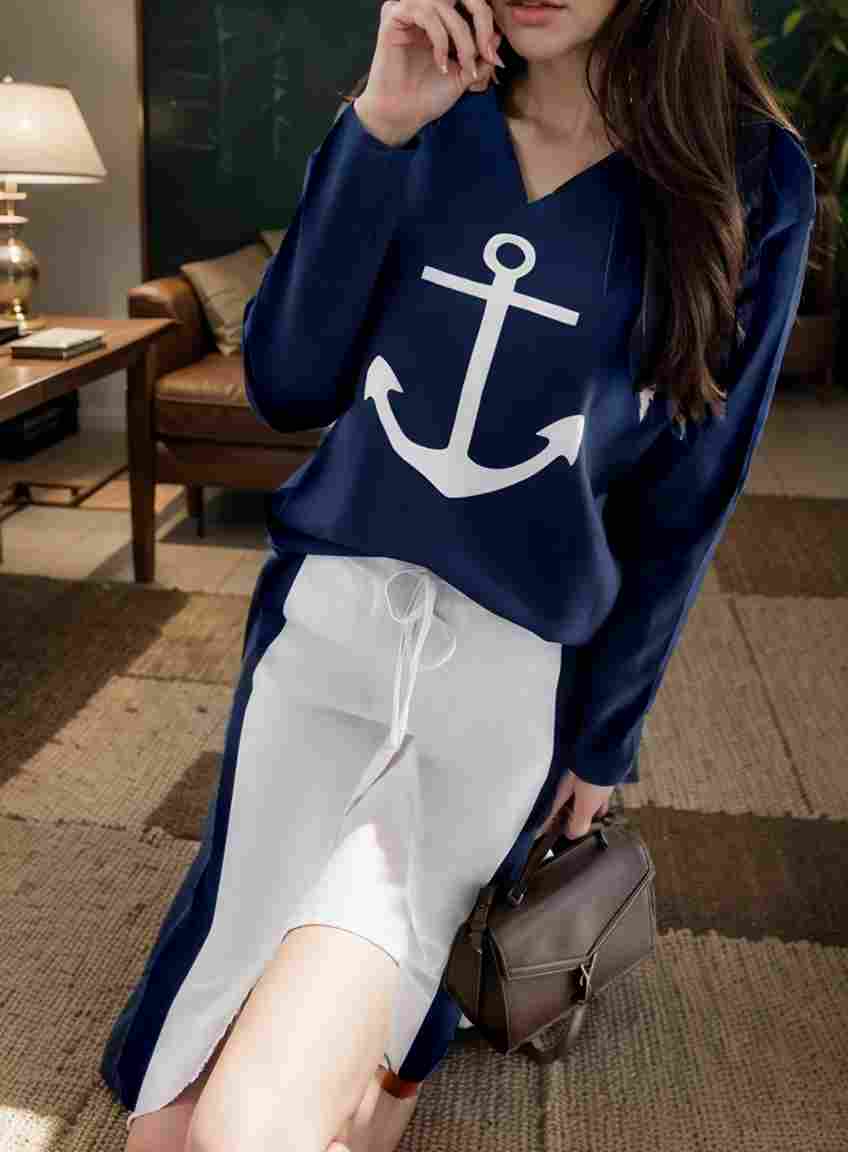 anchor print v neck long sleeve t shirt trousers two piece suit 108085