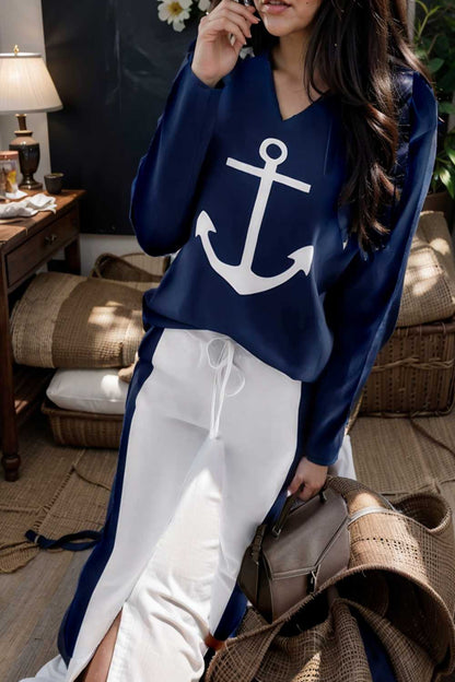 anchor print v neck long sleeve t shirt trousers two piece suit 128654