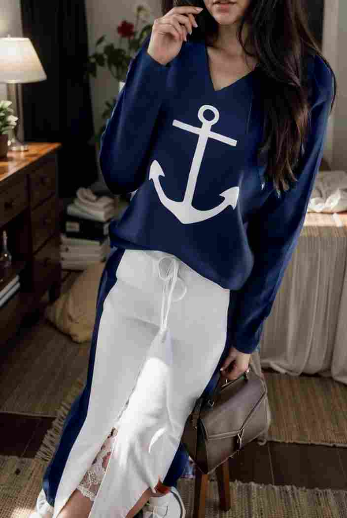 anchor print v neck long sleeve t shirt trousers two piece suit 146768