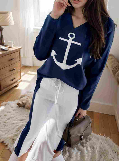 anchor print v neck long sleeve t shirt trousers two piece suit 108896