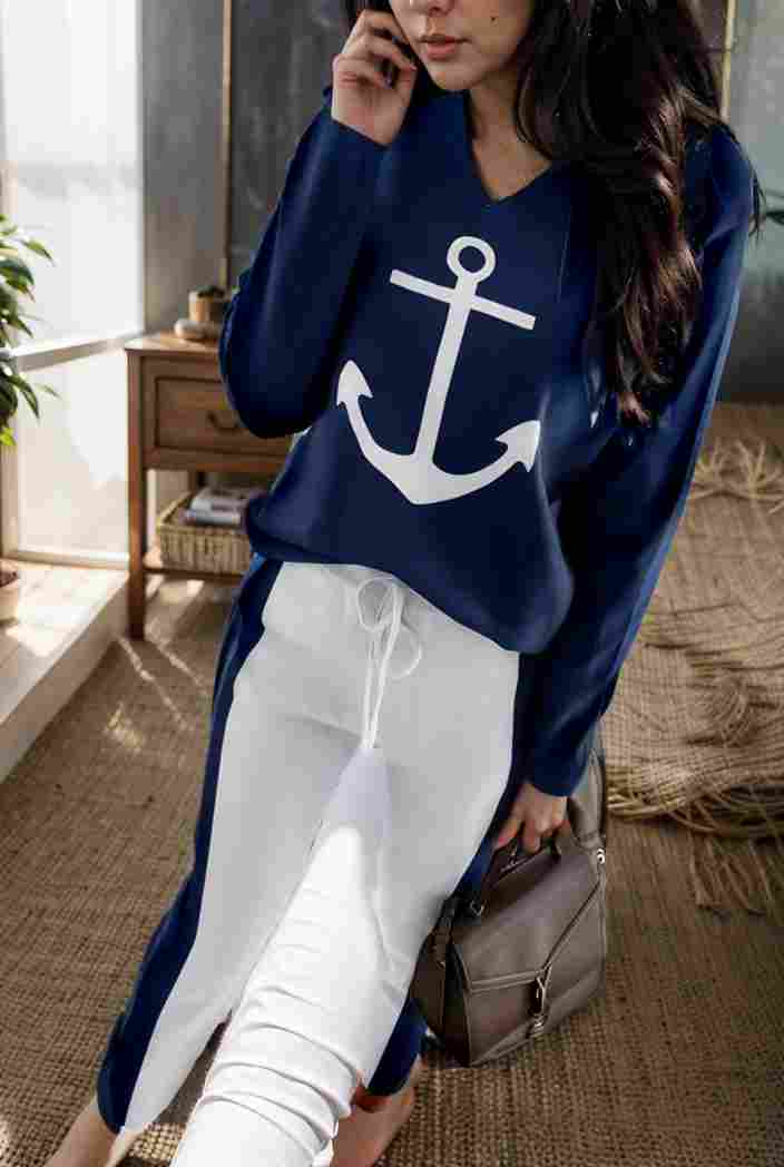 anchor print v neck long sleeve t shirt trousers two piece suit 127682