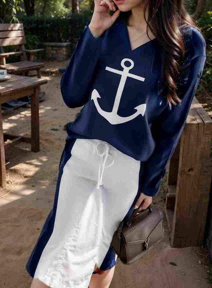 anchor print v neck long sleeve t shirt trousers two piece suit 145720