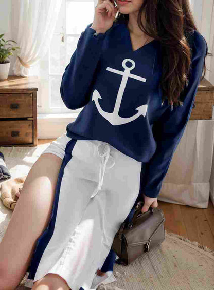 anchor print v neck long sleeve t shirt trousers two piece suit 108991