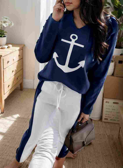 anchor print v neck long sleeve t shirt trousers two piece suit 115586