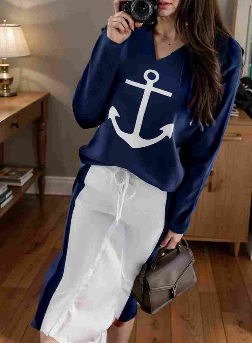 anchor print v neck long sleeve t shirt trousers two piece suit 101045