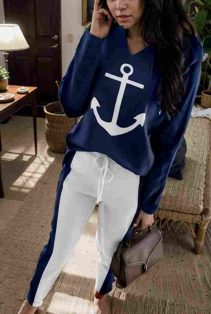 anchor print v neck long sleeve t shirt trousers two piece suit 103463