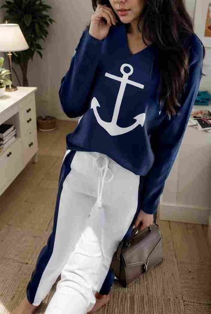 anchor print v neck long sleeve t shirt trousers two piece suit 143577